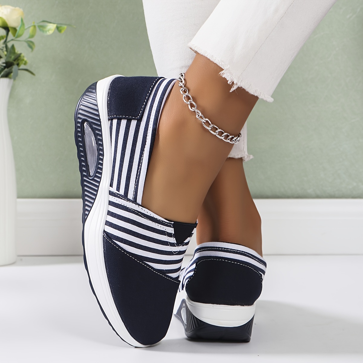 

Women's Contrast Color Striped Sneakers, Platform Slip On Daily Walking Soft Sole Shoes, Comfort Low-top Wedge Shoes