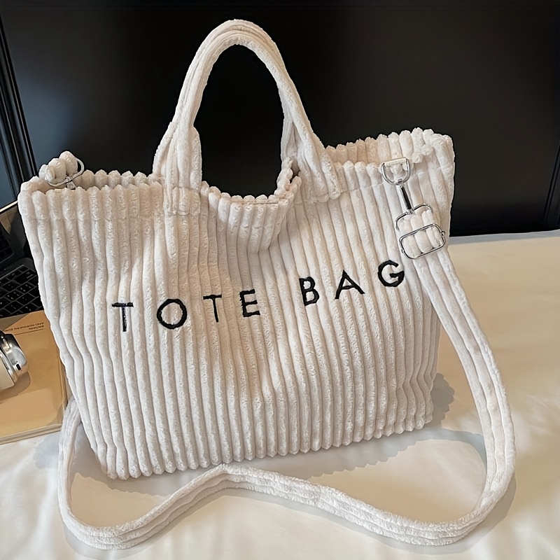 Image of New Corduroy Plush Fluffy Women's Tote Bag, Suitable For Short Trips And Gift-, Features An Adjustable Shoulder Strap For Crossbody Use, In White, Black, Green, And Pink