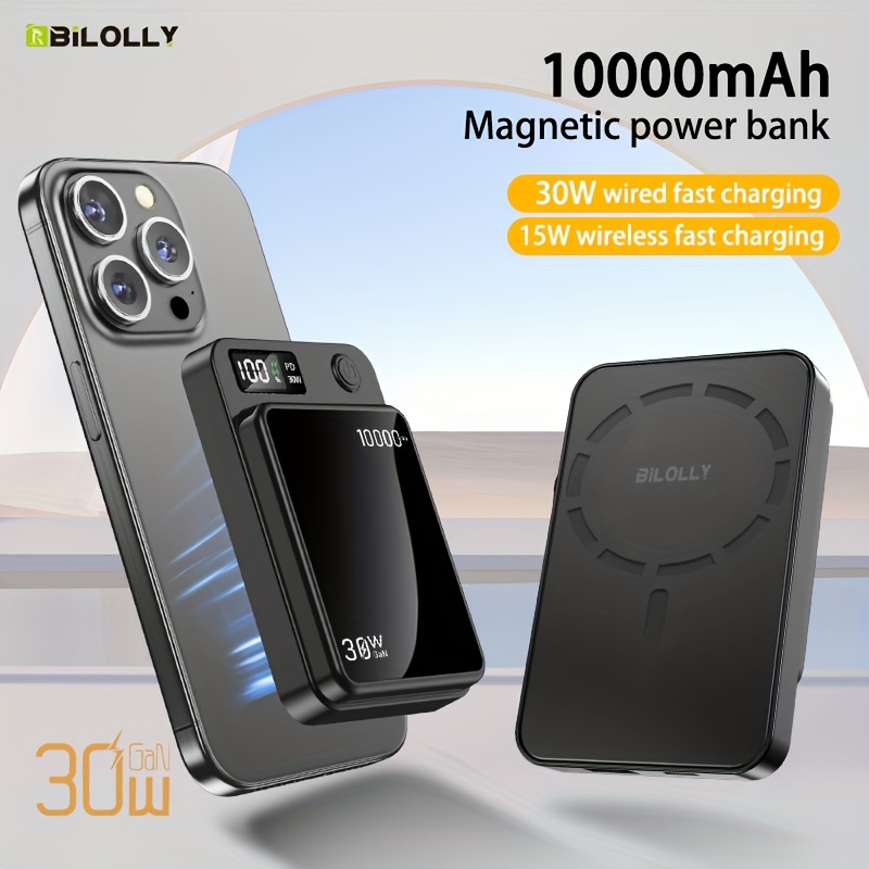 TEMU High-capacity Power Bank, 10000/6000mah Magnetic Wireless Charger, 30w Charging Power Bank, Display, Portable Power Bank, Mini And Portable For