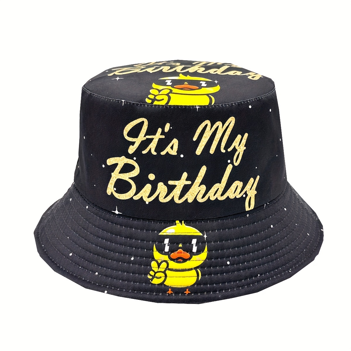 

Funky Polyester Bucket Hat With Cartoon Duck & 'it's My Birthday' Print – Unisex Casual Fisherman Cap With Woven Construction, Y2k Fashion Birthday Hat