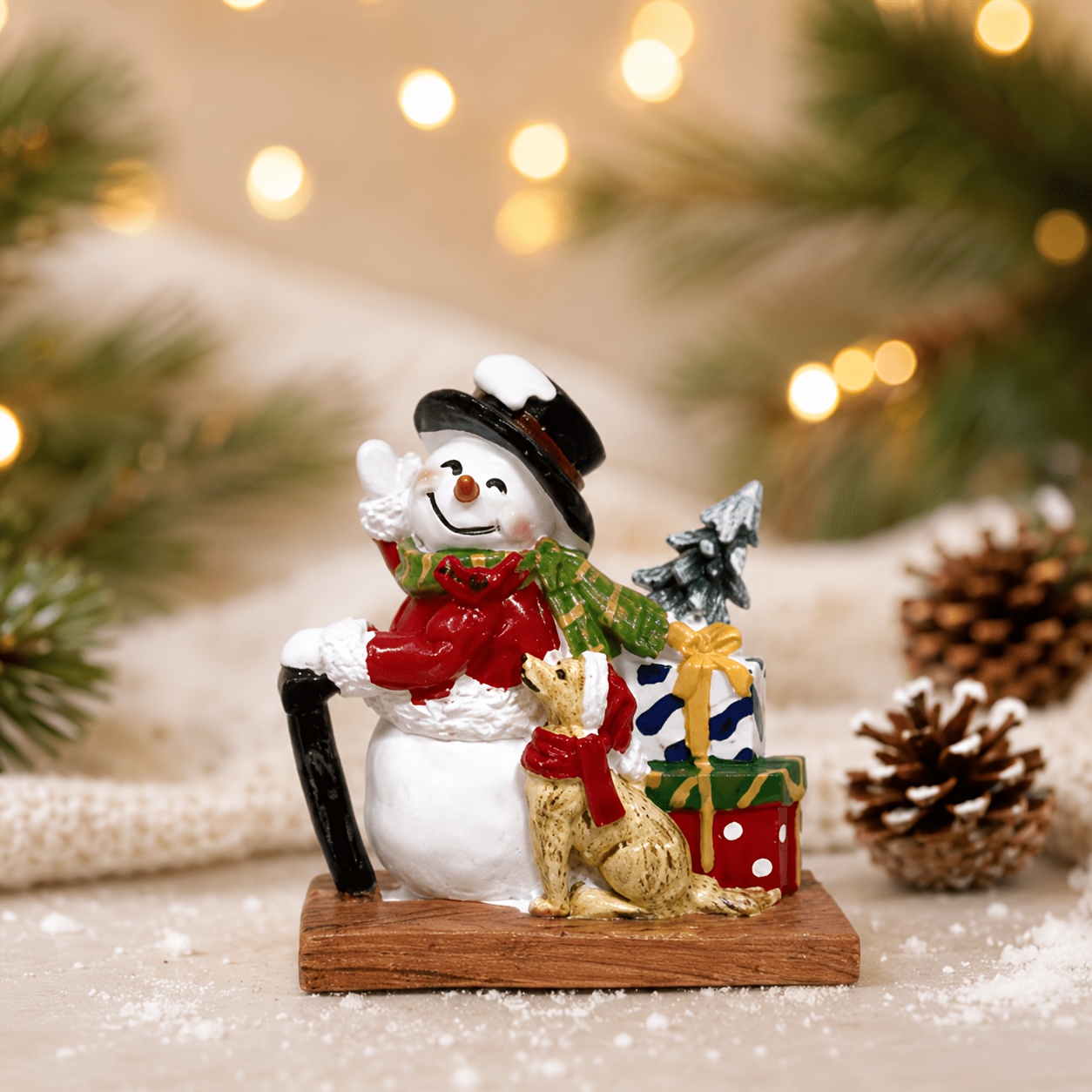 TEMU Hand-painted Resin Snowman Figurine Dog, Christmas Gift Boxes & Mini Pine Tree, Winter Snow Scene Mini Statue Tabletop Ornament For Christmas