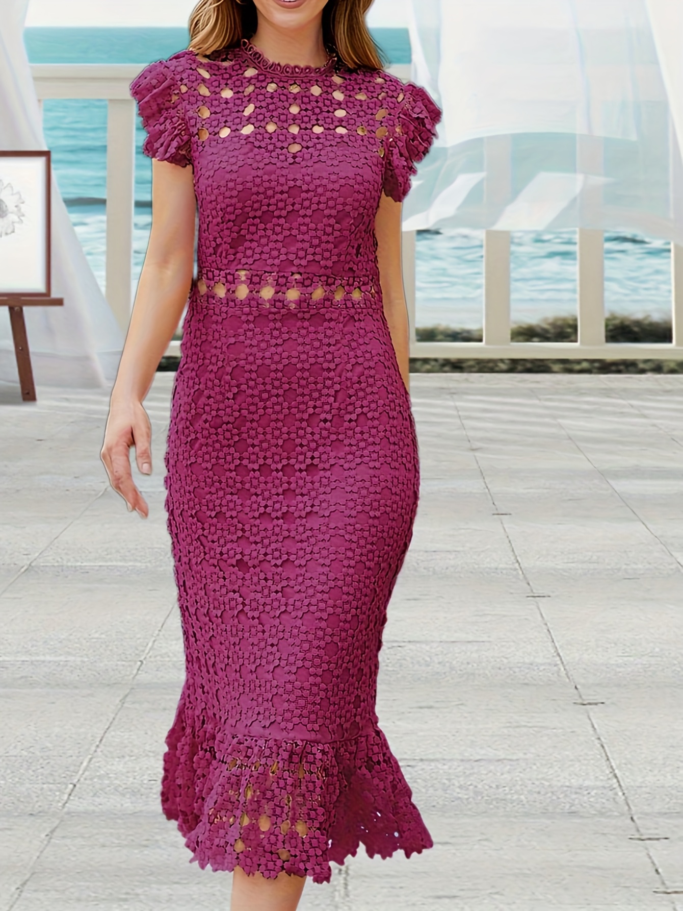 knee length dresses for ladies Blythe Spaghetti Straps Cowl Tea Length Floral Lace Bridesmaid Dresses, Dusty Rose