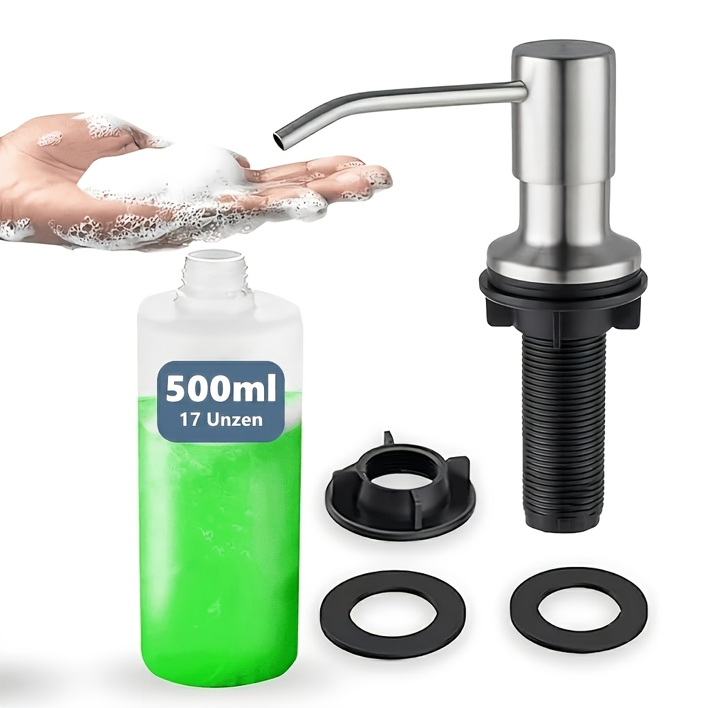 TEMU Distributeur de savon pour évier de cuisine 500 ml, pompe à tête en acier inoxydable avec flacon de 17 oz