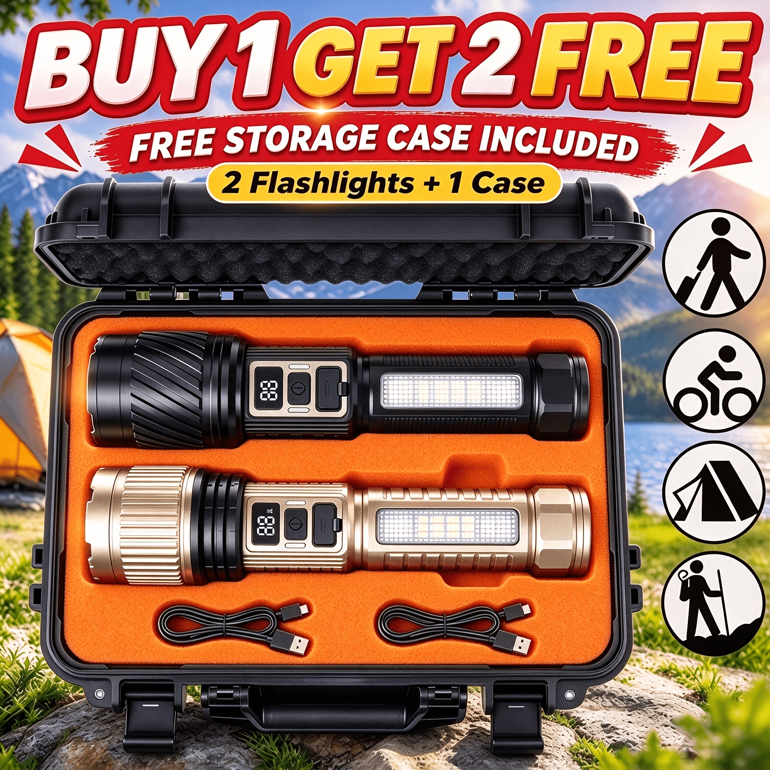 TEMU Buy 1 Get 2 Free, Total Of 3pcs, Multifunctional Flashlights With Exquisite Box, 7 - Cob Led Tactical Light, Usb Cable, , Powerful Handheld