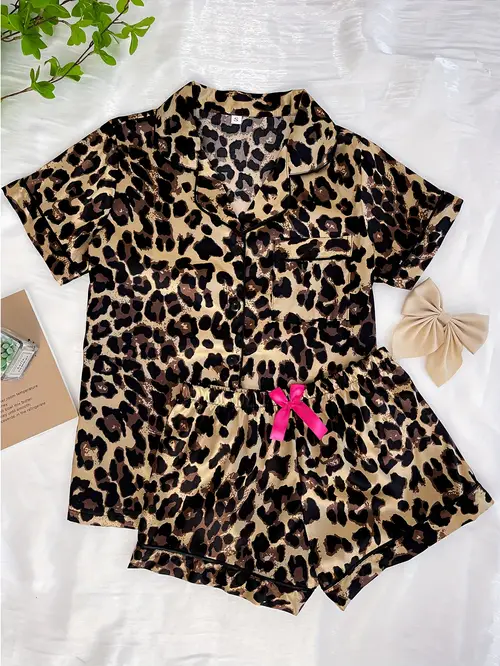 womens satin pajama set with short sleeved button top and shorts leopard print 2pcs set
