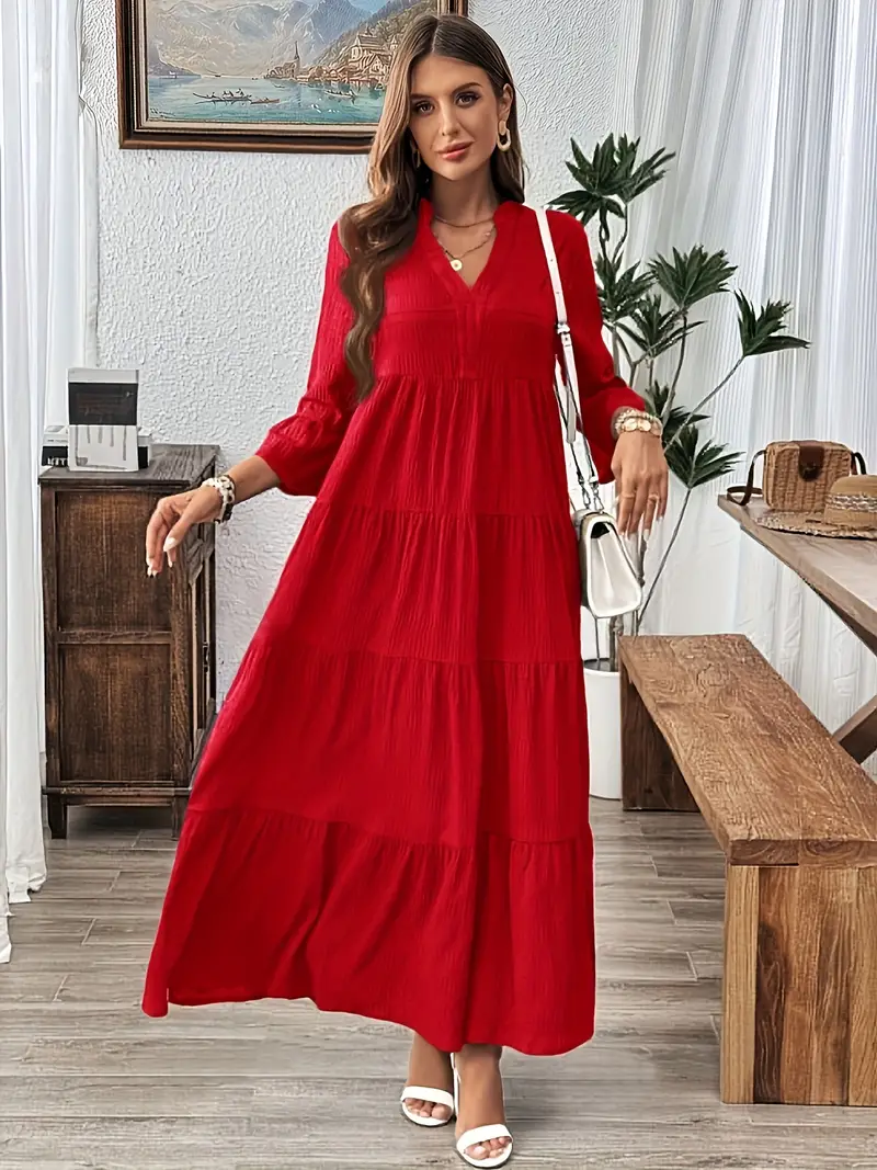 womens elegant v neck flared sleeve maxi dress vibrant   line loose fit long dress machine washable   casual formal wear spring outerwear   design flowy fabric   red 0
