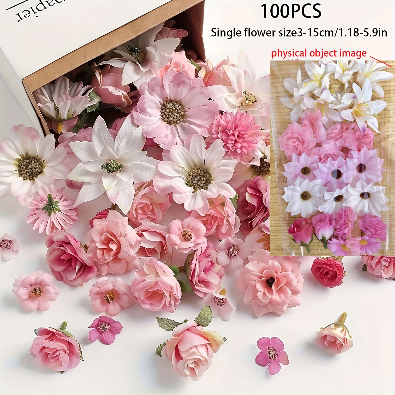 Image of 100pcs Artificial Flower Heads Set Fake Rose Flower Heads Daisy Artificial Flowers Wreath Wedding Bride Party Home Decor