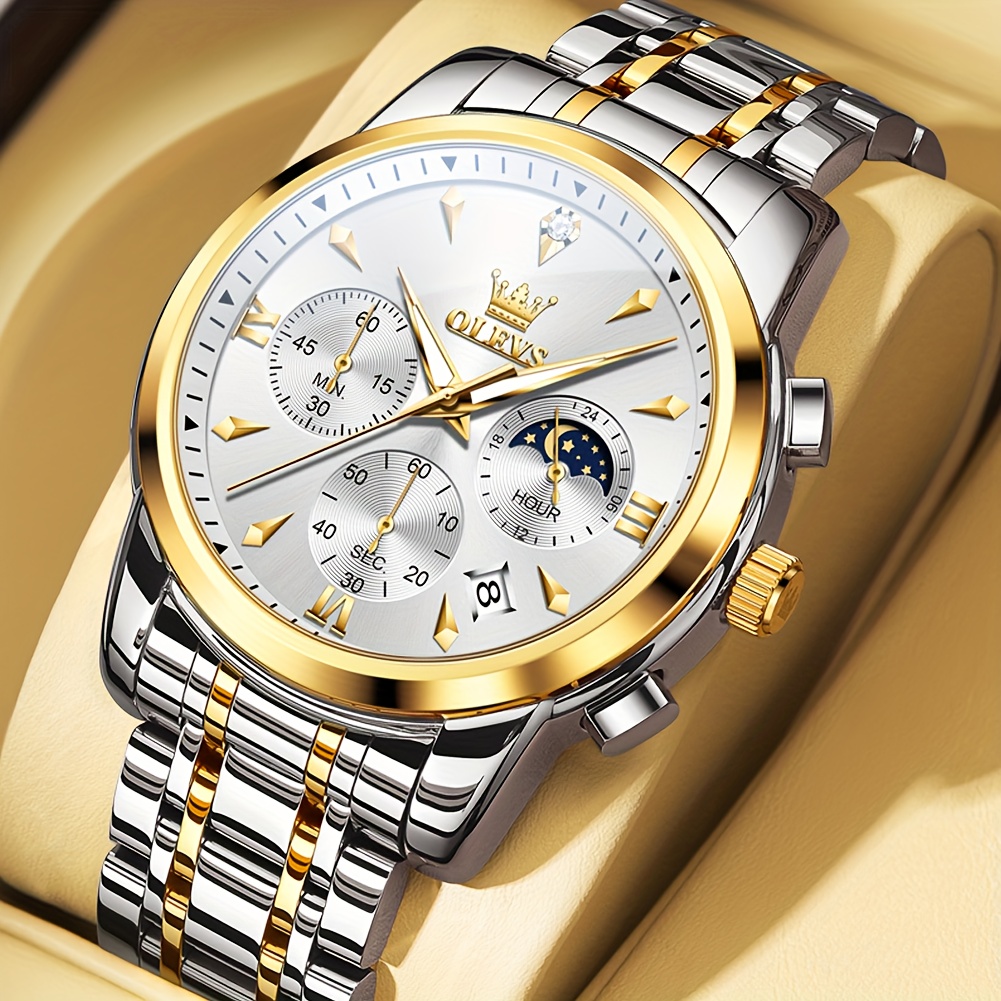 Olevs Luxury Quartz Chronograph Mens Wristwatch | Gold Plated Stainless Steel, Moon Phase, Luminous Date, Fashion Dress Style, Blue/golden/gray/black Dial