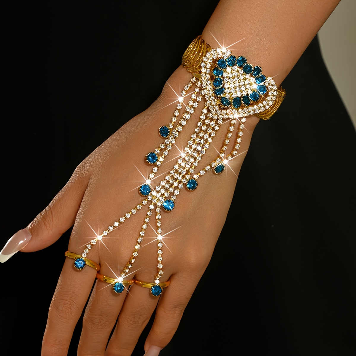 TEMU Tassel Back Chain Bracelet Ring -one Light Luxury Hand Jewelry Banquet Prom Dress Performance Accessory