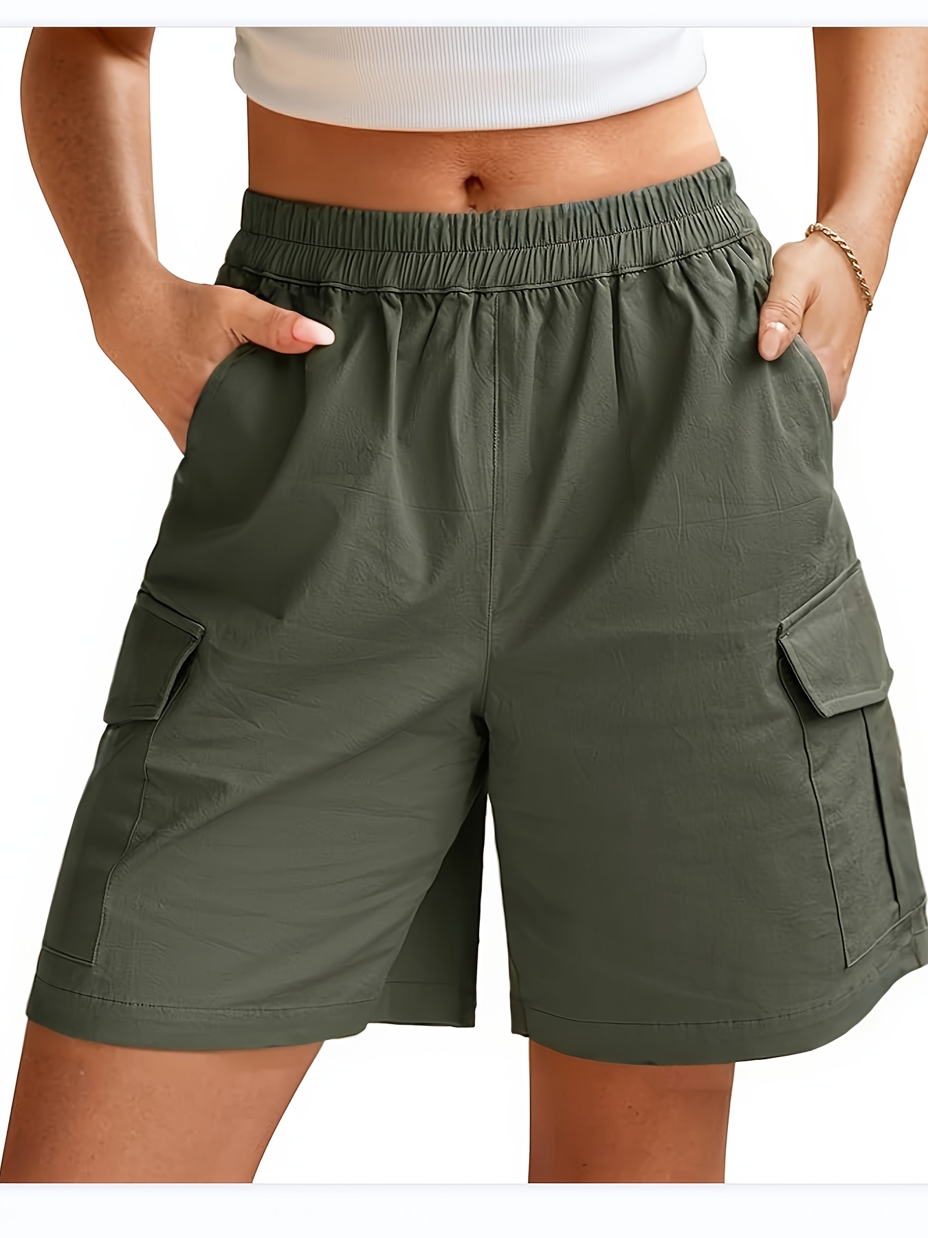 womens olive green cargo shorts knee length casual loose fit