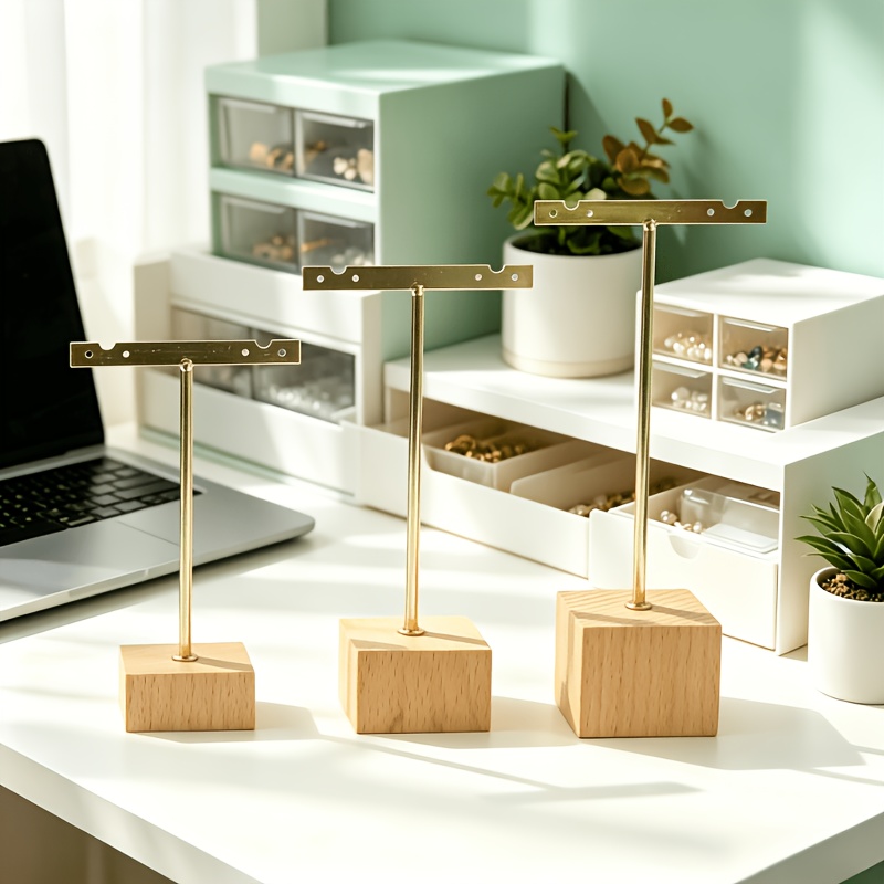 TEMU Présentoir à boucles d'oreilles de T avec base en bois et support en métal doré, 3 pièces, organisateur de bijoux, convient pour suspendre