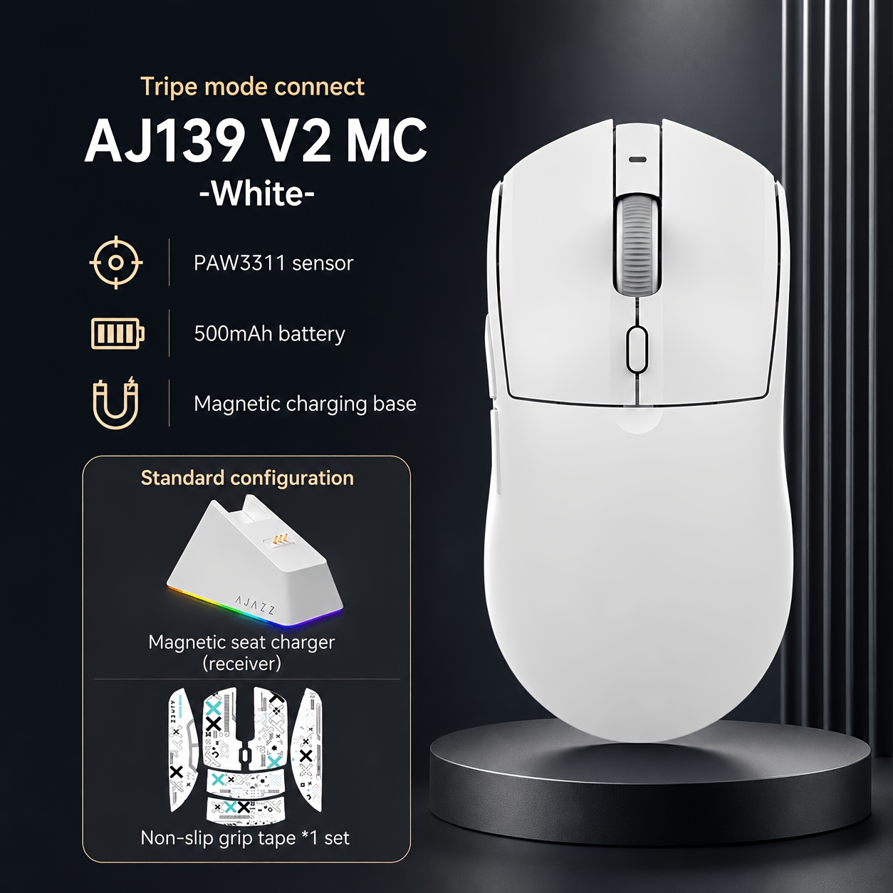 Ajazz Aj139 V2 Mc 1k Wireless Mouse, Rgb Charging Dock, 3311 Chip, 1k Rate, Long , Rechargeable