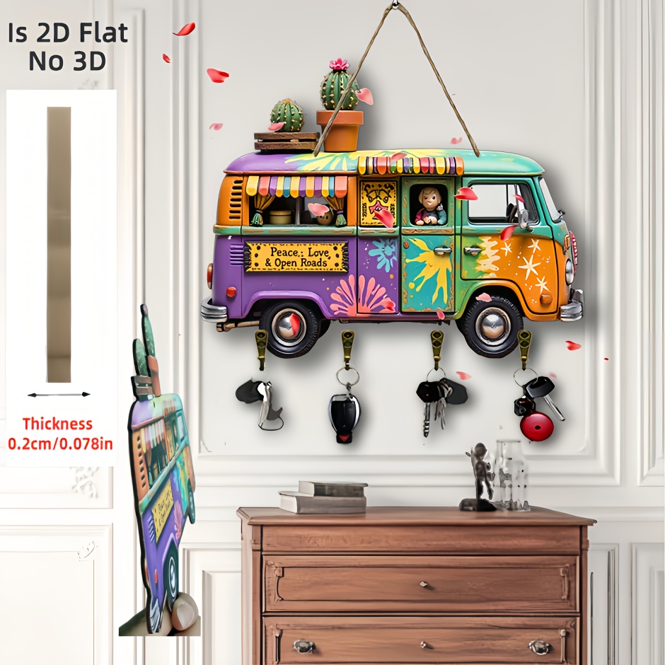E-shop 2D-flacher bunter Bus mit Kaktus Peace Love Holz-Schlüsselhalter – 2D-flache Wandkunst, 4 Metallhaken, für Zuhause Büro, 2D-flach,
