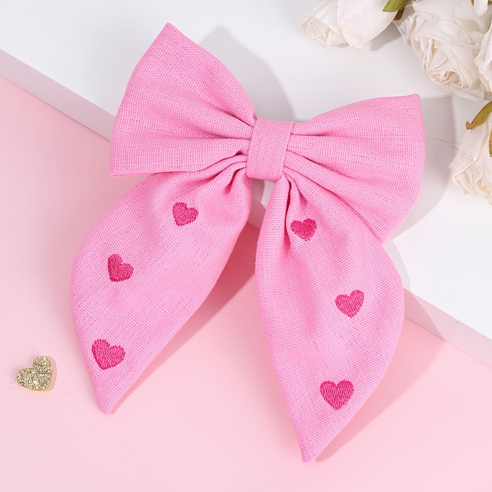 Image of 1pc Valentine's Day Heart Print Bow Hair Clips For Minimalist Fabric Polyester Barrettes For Daily Use Elegant Hair Accessories Ideal For