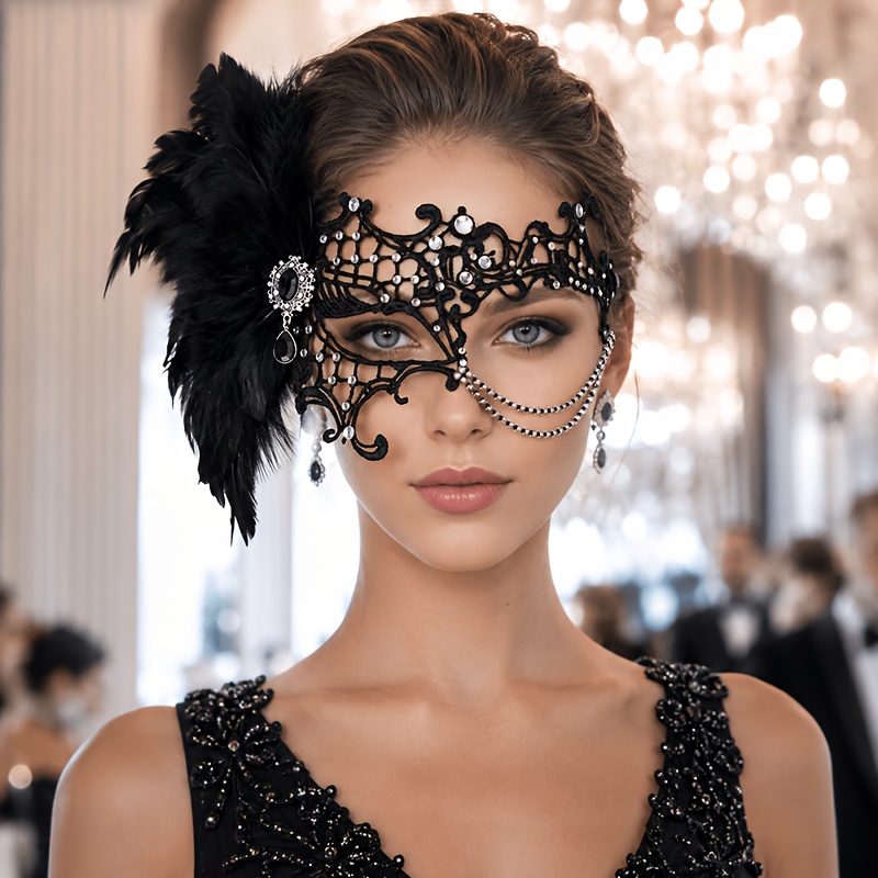 TEMU Black Lace Artificial Feather Mask Rhinestone Masquerade Mask Gothic Venetian Eye Mask Halloween Party Costume Mask, Perfect For Christmas Gifts