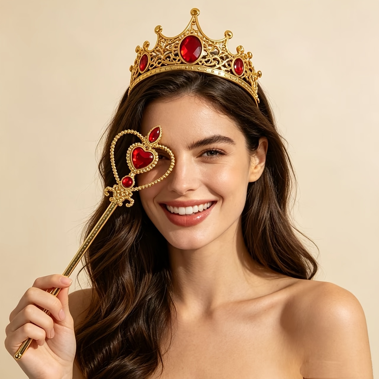 4pcs Golden Gemstone Crown Headband and Heart Magic Wand Set