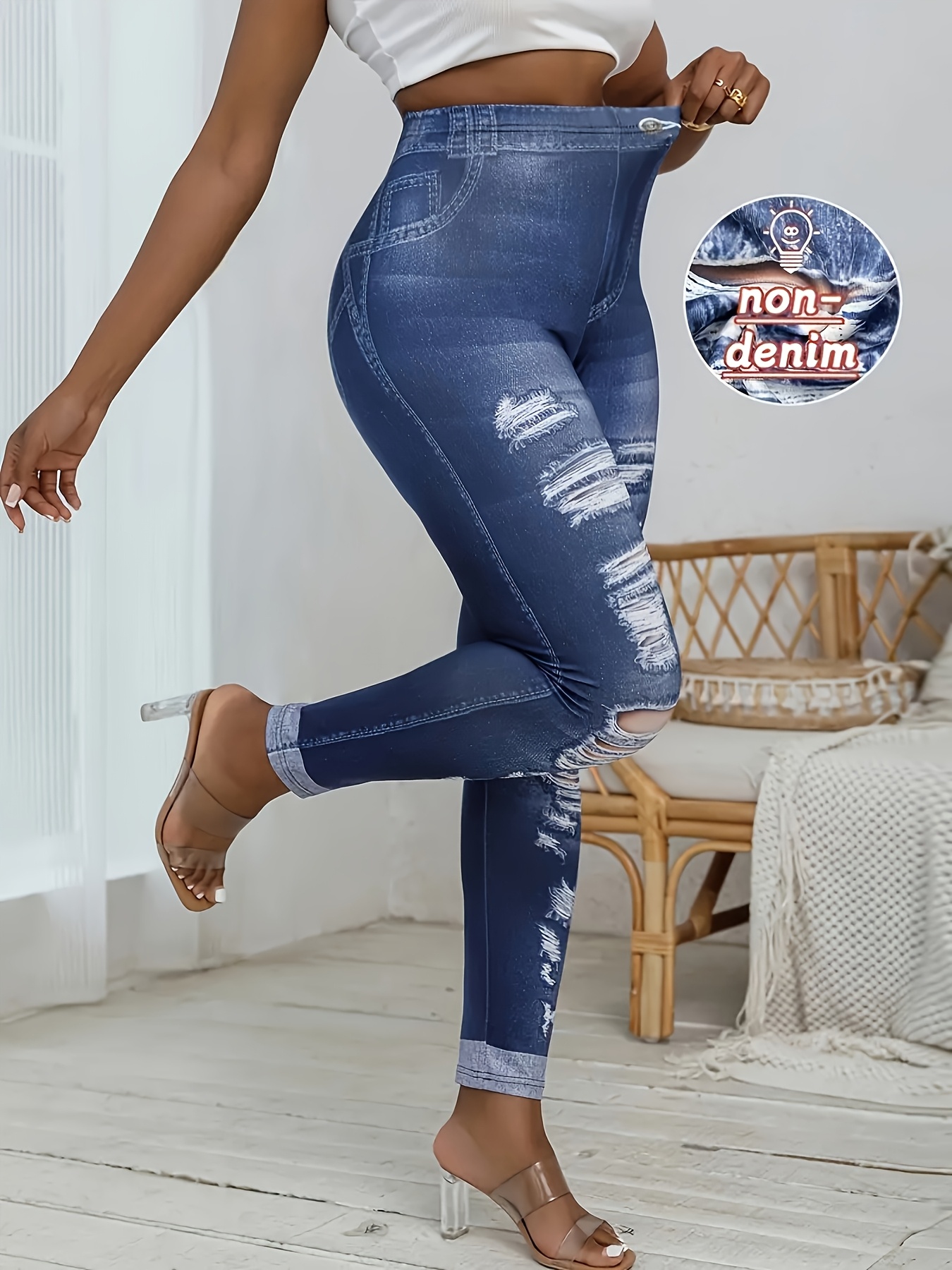 womens distressed denim print skinny leggings high Temu United