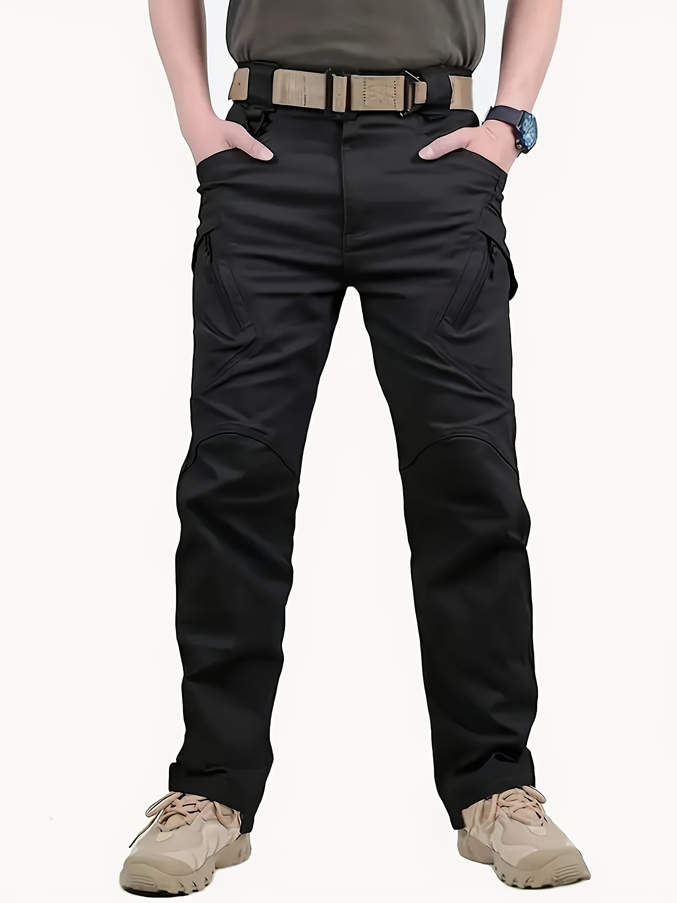 pantalones tácticos de carga para hombre estilo militar con múltiples bolsillos, cintura ajustable en poliéster no elástico, ropa casual   para     | uso exterior y  /otoño 1