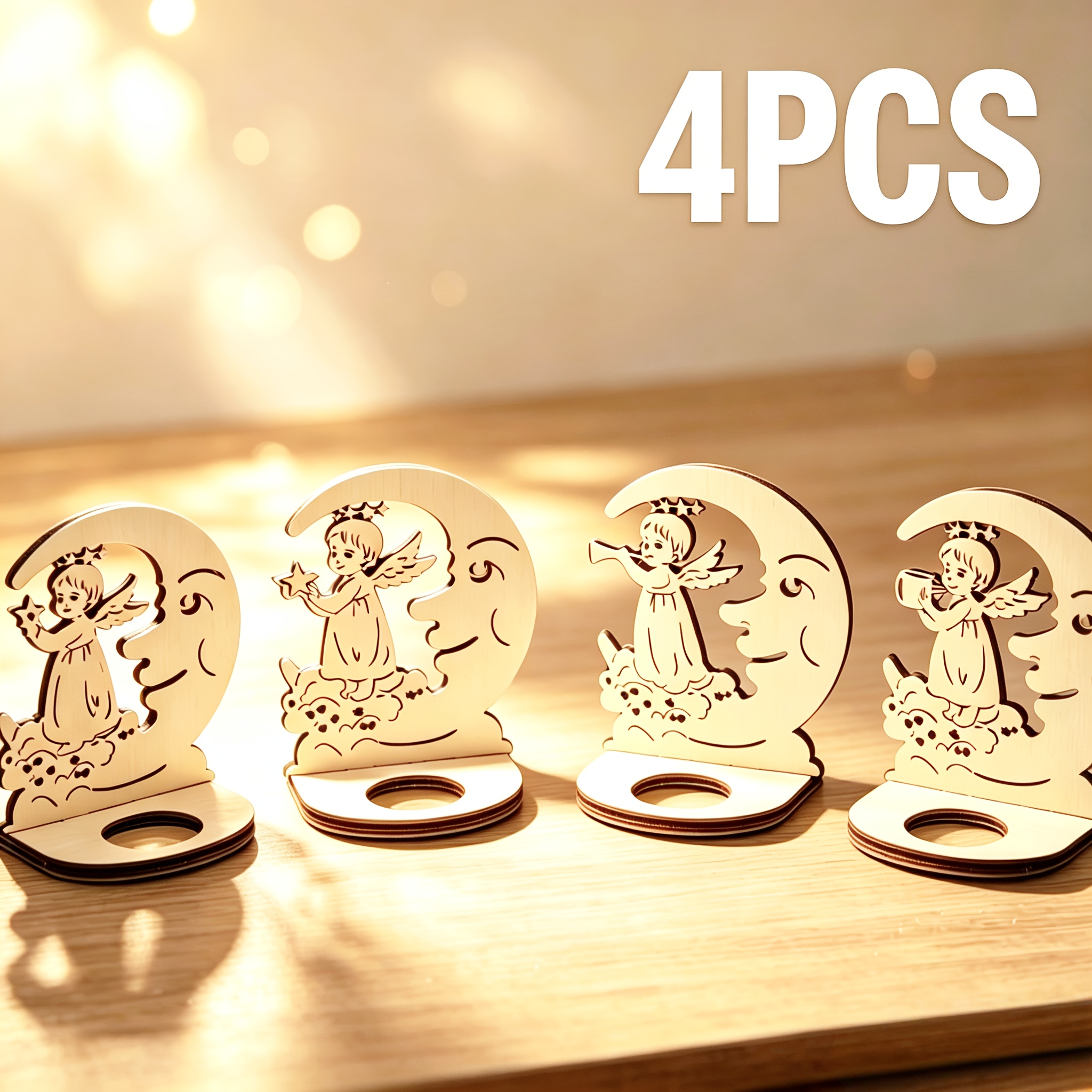TEMU 4er-Set Halloween Weihnachten Holz Kerzenständer Böden mit Engel und Mond Hohl Designs, Holzhandwerk Dekorationen