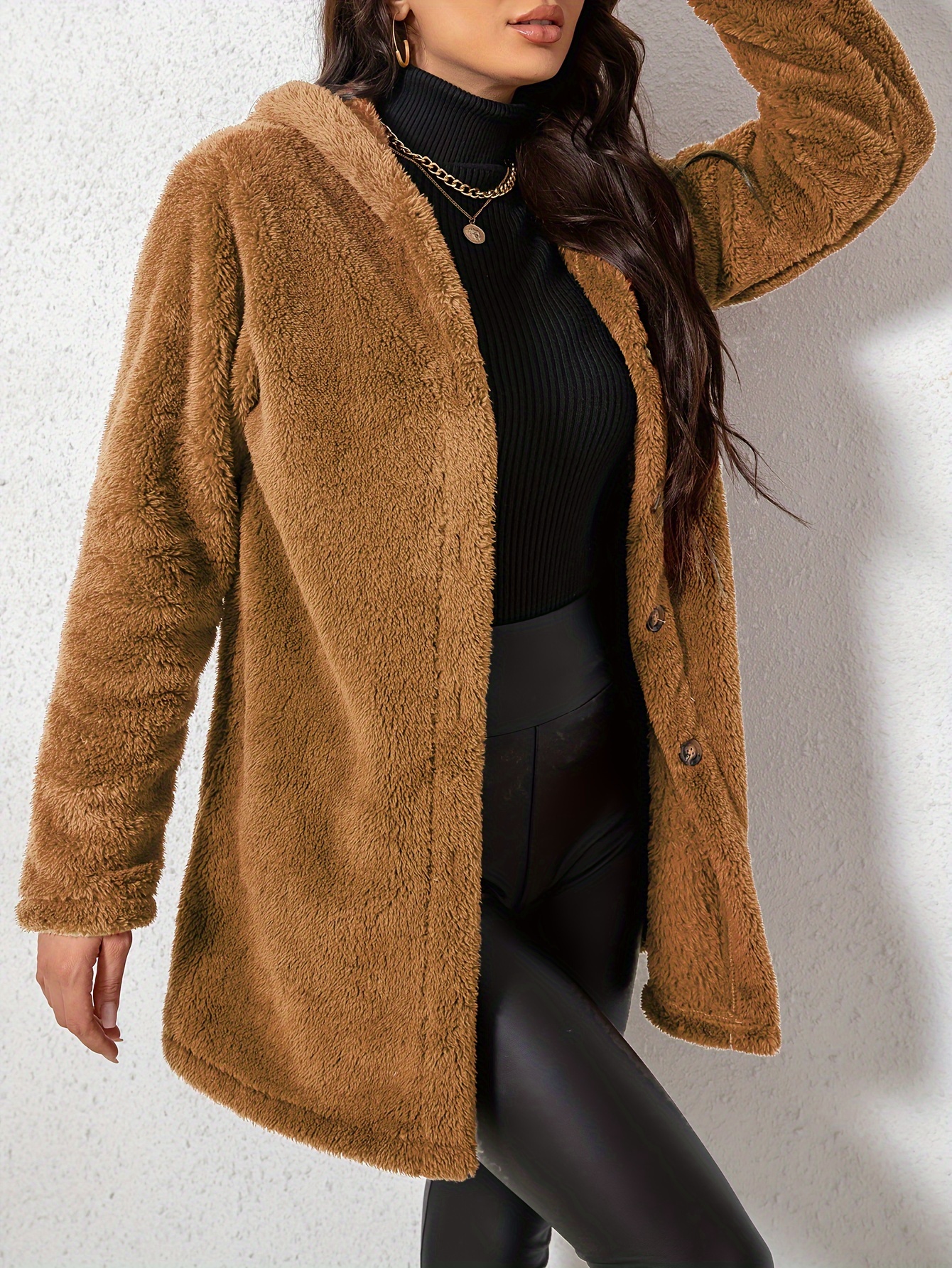 1pc elegant womens fleece jacket polyester knit fabric solid color fall   cozy warm outerwear chocolate 1