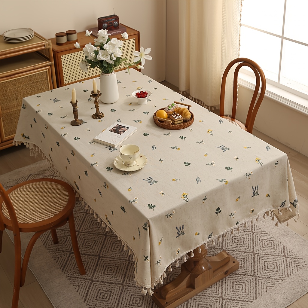 

1pc Light Luxury Linen Embroidered Wheat Ear Tablecloth - Country Style Rectangular Table Cover With Tassels, Machine Woven Square Table Linen For Dining And Tea Tables