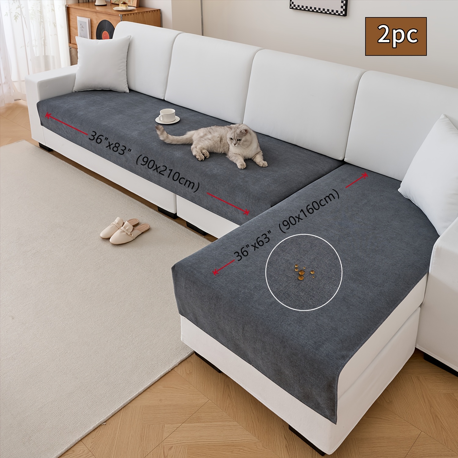 Image of 2pcs Plain Chenille Non-slip Sofa Cushion, Pet-friendly High Quality Sofa Cover, Suitable For Living Rooms, Bedrooms 1/2/3 Sofas With Empress Decoration Protection