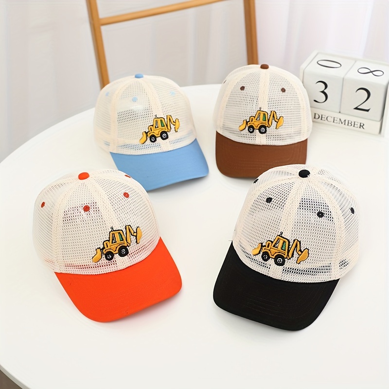 

Kids Excavator Cartoon Mesh Breathable Baseball Cap, Adjustable Elastic Sun Hat, For Outdoor Sports And Activities