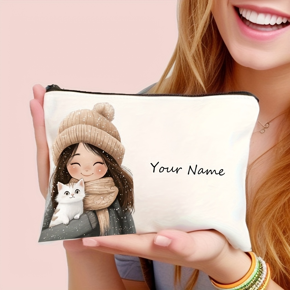 TEMU Neceser de poliéster personalizado con estampado inspirador de gatita con y - Neceser cosmético con cremallera, portátil y duradero, neceser