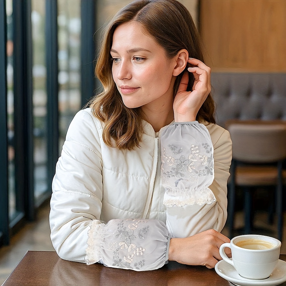 1 pair womens elegant floral lace sleeve cuffs double layer breathable mesh with   edges soft pink white pastel colors delicate fabric design sophisticated style hand wash only lace trim details versatile fashion accessory for casua Product details 2