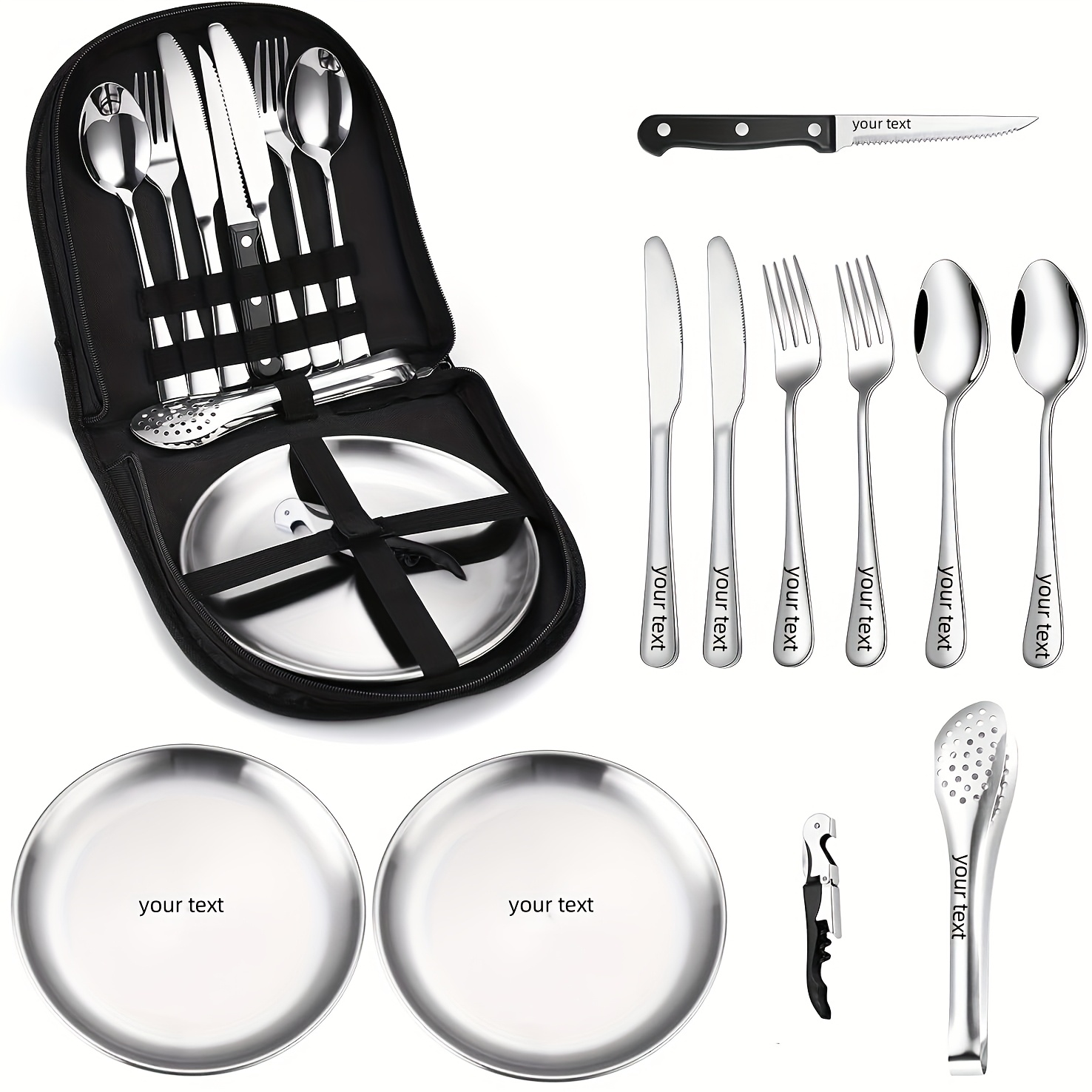 personalized customization camping silverware set including knives forks spoons plates cutlery storage bags picnic set stainless steel plate spoon clip and serrated knife bottle opener camping kitchen barbecue golden and silvery   thanksgiving Product details 1
