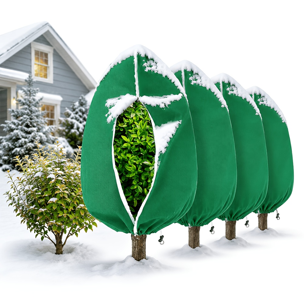 TEMU Lot de 4 housses de pour plantes 60×80cm contre le gel, couverture d'hiver -gel pour arbustes et arbres avec fermeture éclair et cordon de