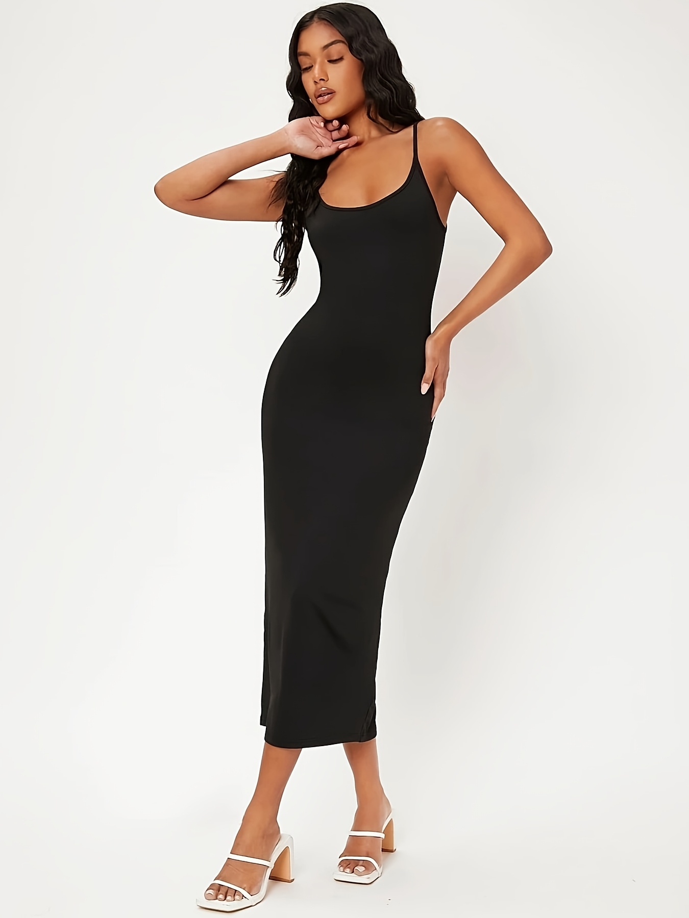 elegant black midi spaghetti strap bodycon dress women Temu