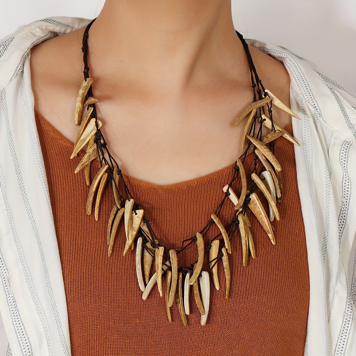 Vintage Boho Layer Coconut Shell Wooden Necklace, Handwoven