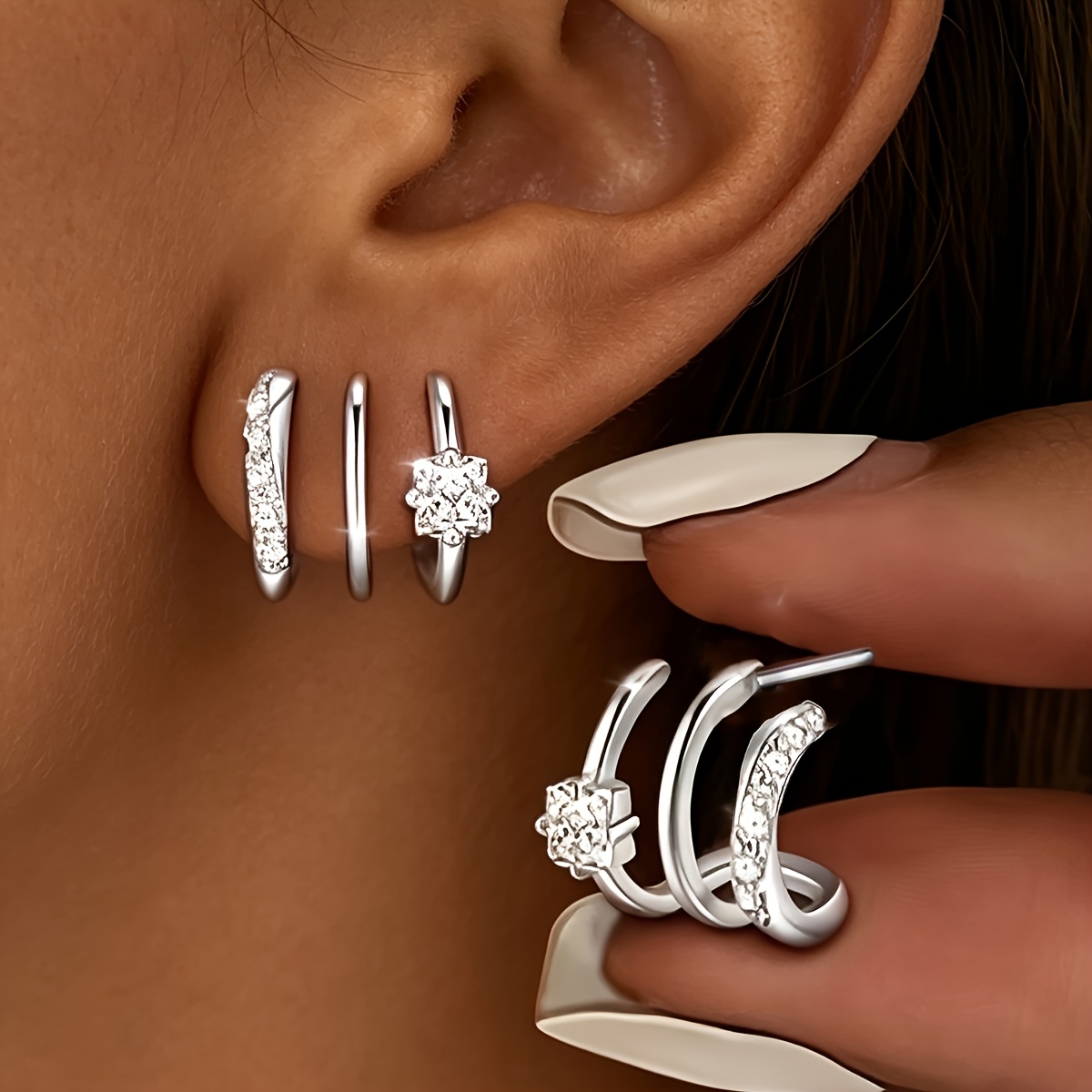 TEMU Un par de aretes de triple de acero inoxidable 304 de calidad, con incrustaciones de circonita sintética, hipoalergénicos, con un diseño