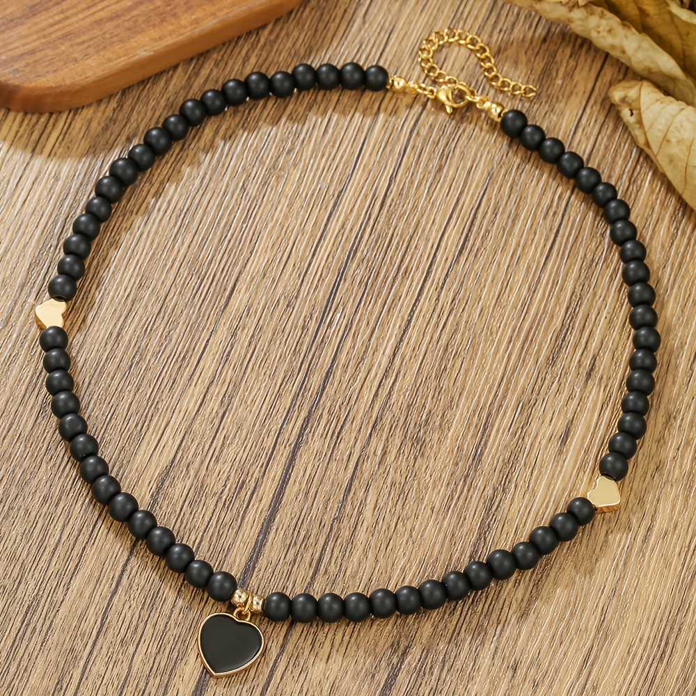TEMU 1pc Exquisite Versatile Handmade Black Beaded Enamel Heart Pendant Collarbone Chain Necklace, Suitable For Women For All Holidays