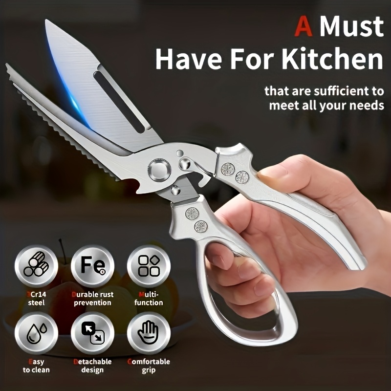 TEMU 1pc 3cr Stainless Steel Cooking Scissors, Automatic Strong Chicken Bone Scissors, Smooth And Labor-saving Handle, For Home Kitchens,