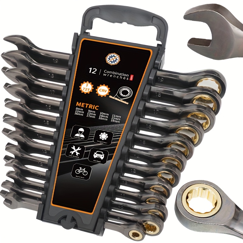 EFFICERE 12-Piece Metric Combination Wrench Set In Roll-Up Pouch, Non-Skip Sizes 8mm - 19mm | Chrome Vanadium Steel With Mirror Finish | Ideal For