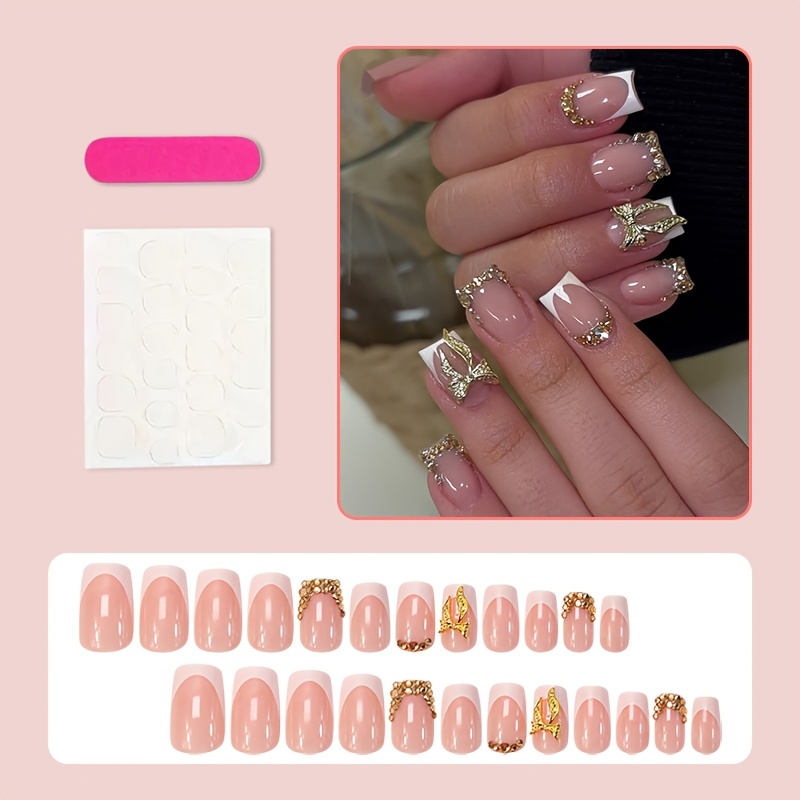 TEMU 24 uñas postizas de con puntas francesas de pedrería, uñas cuadradas cortas con diseños de dorado, uñas acrílicas blancas autoadhesivas para
