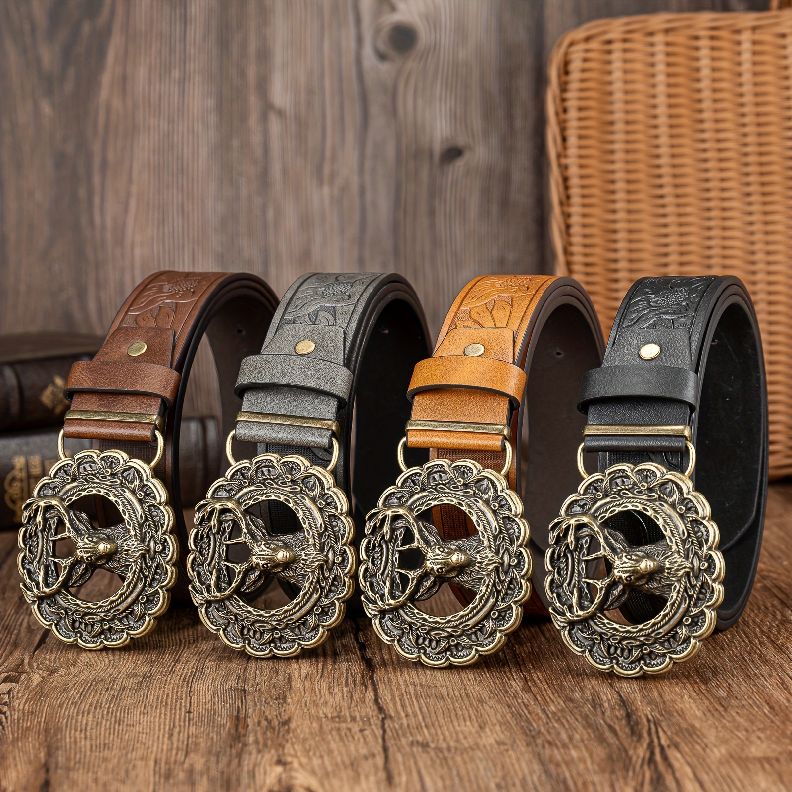 

Deer-shaped Buckle Hollow Buckle Belt For Men, Embossed Pu Belt