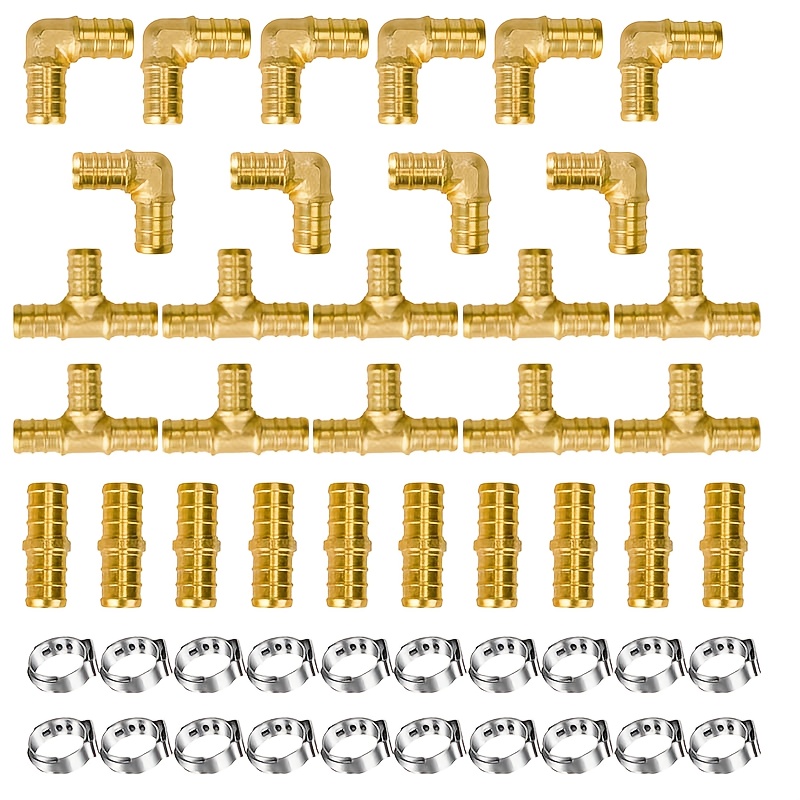 TEMU 50pcs Pex Fittings Kit - Includes 10 Straight, 10 Elbow, 10 Tee Connectors & 20 Pack 1/2 Inch Pex Cinch Clamps, Metal Material, Thread, For