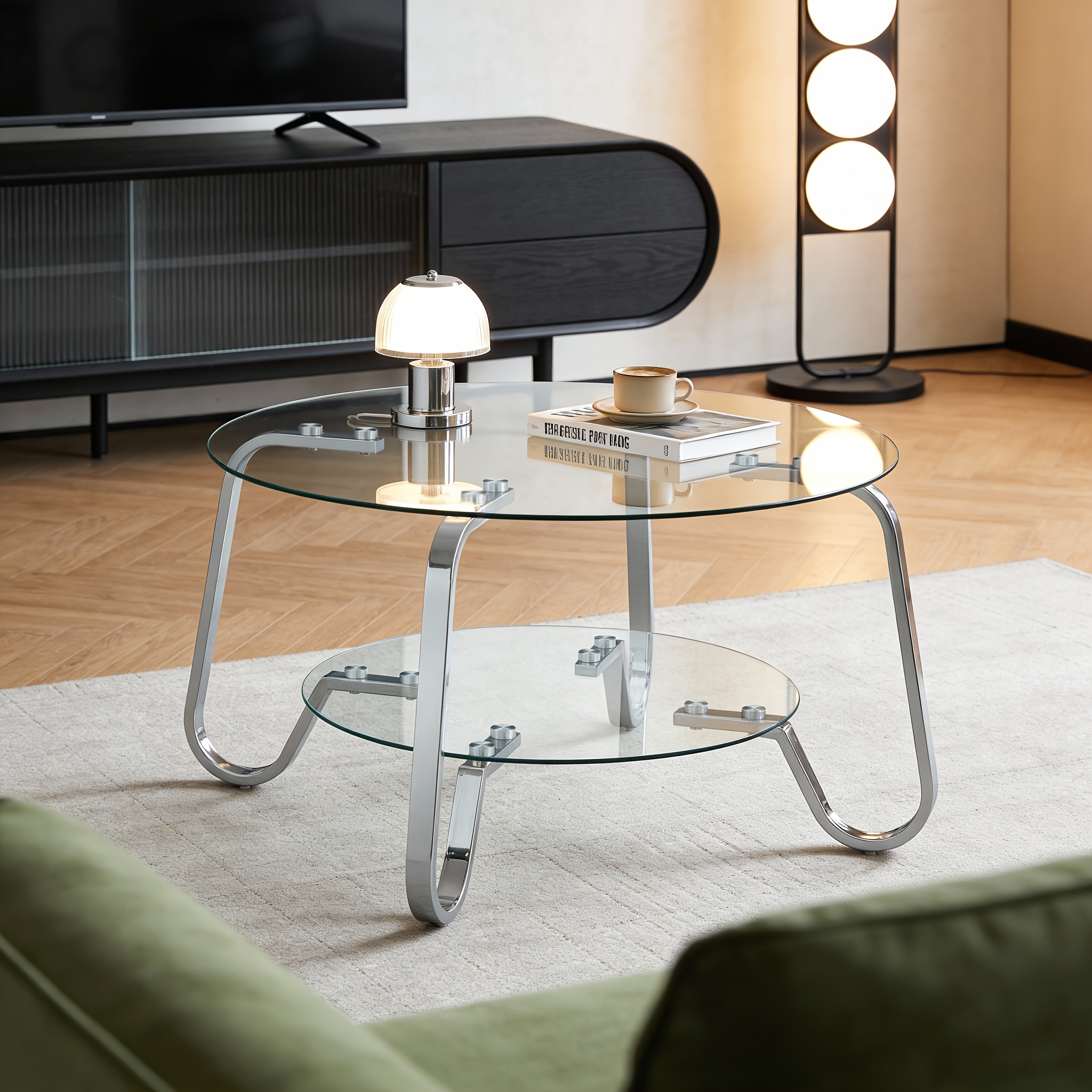 Image of Retro-minimalist Metal Frame, Double-layer Tempered Glass Coffee Table.