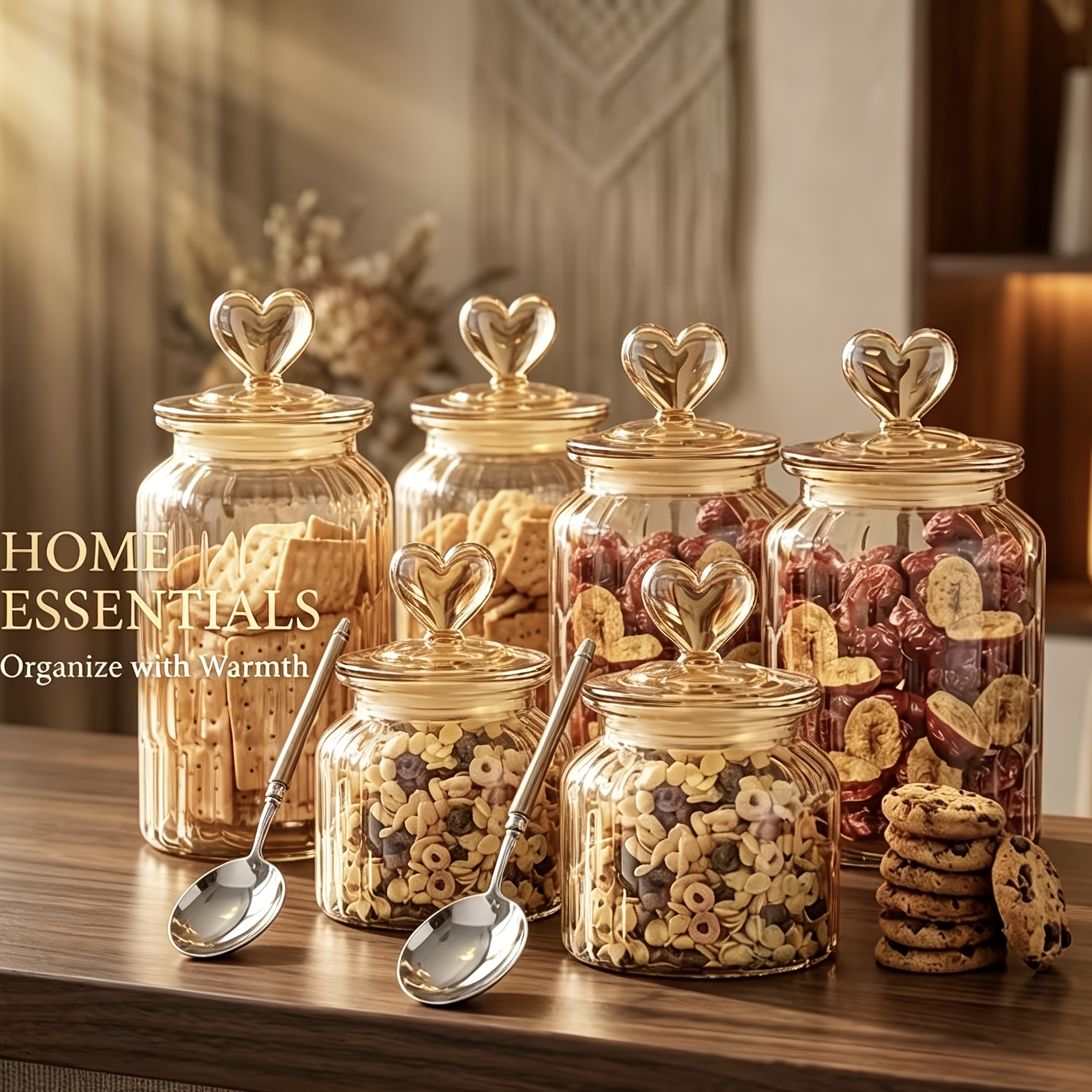 TEMU Extra-large Capacity 8pcs Italian-style Amber Heart-shaped Cookie Jar Set, Storage Jars, Perfect Valentine's Day And Gift, Suitable For Storing