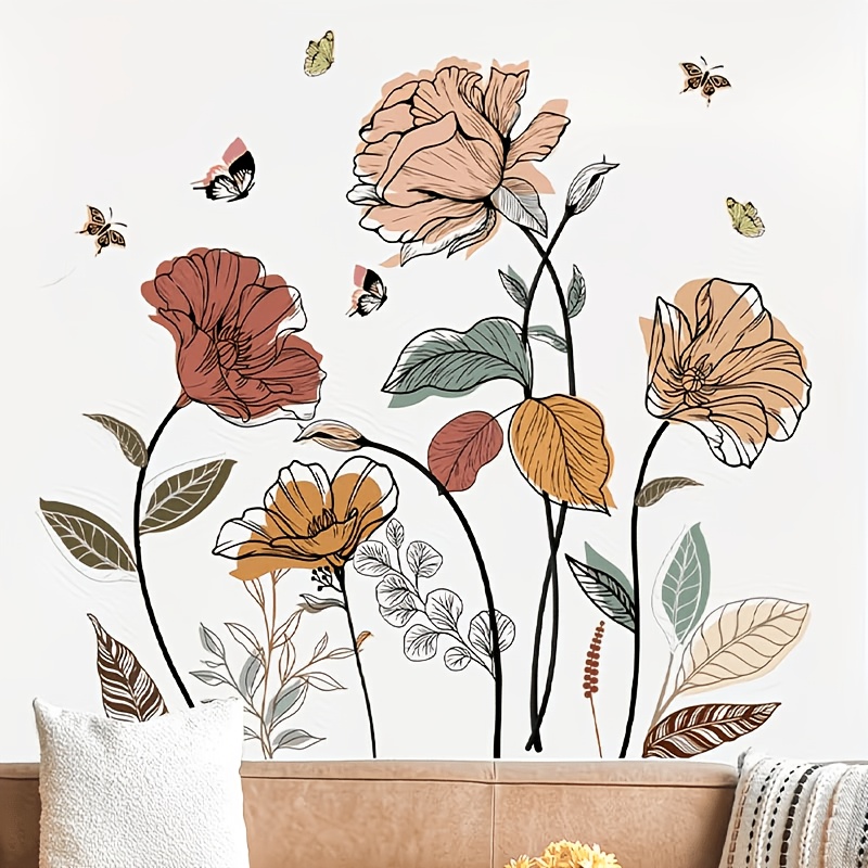 Image of Bohemian Flower Wall Stickers, Wildflowers Wall Art Decor, Floral Pattern, Coastal Theme, Stickers, Durable Vinyl, Decorative Stickers, Peel And , Room Bedroom Background Decorators, Enthusiasts