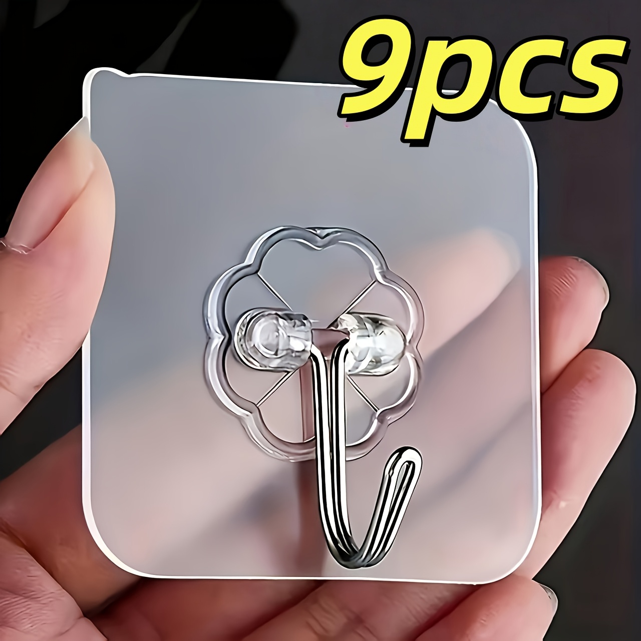 TEMU Wall Hook Set With 9pcs Adhesive Hooks, Without Drilling, Suitable For Bathroom, Kitchen, And Home Storage. Transparent Adhesive Hooks Used To