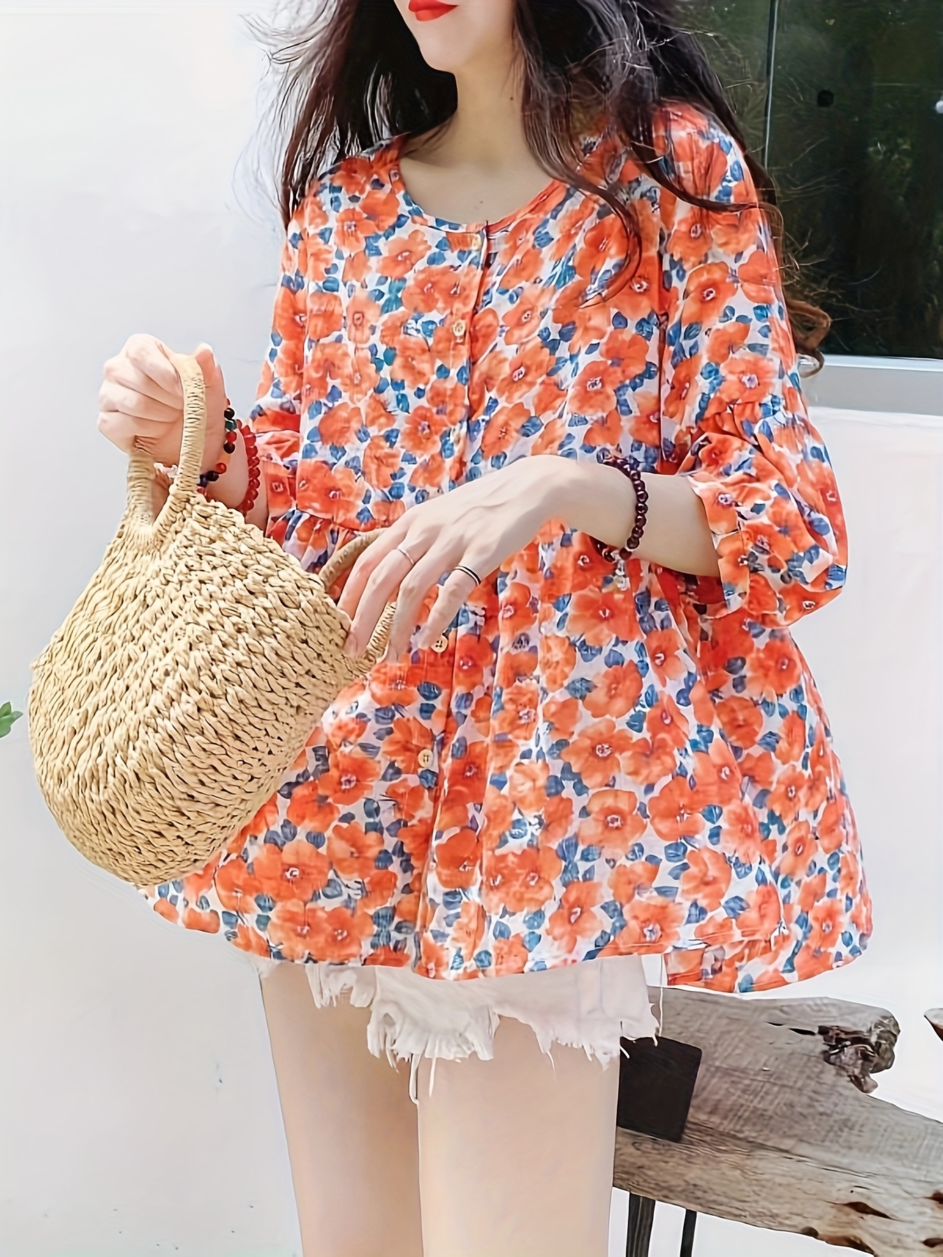 womens summer casual loose fit round neck blouse orange blue