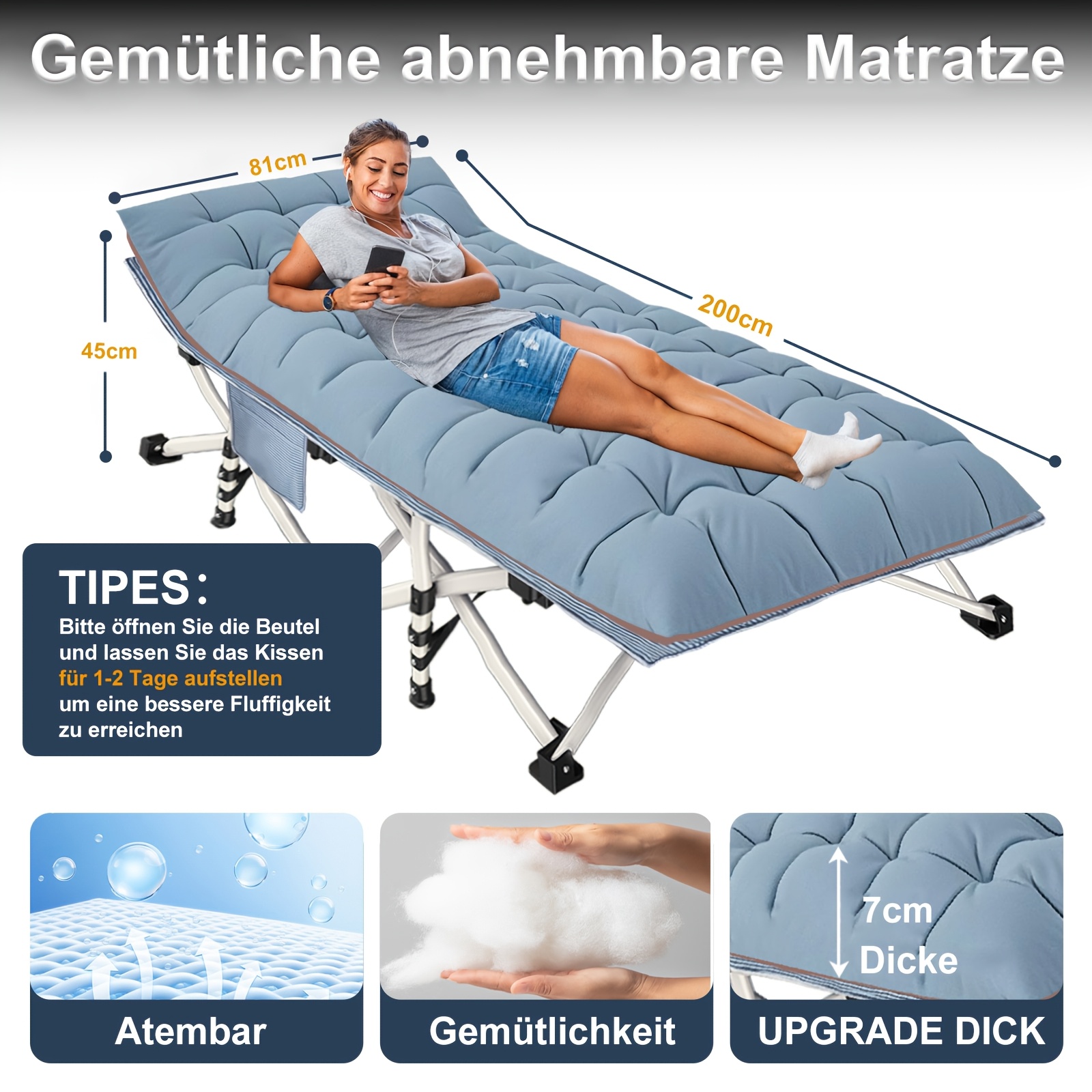 xxl tragbares faltbares campingbett mit den maßen 200 cm x 190 cm, mit einer herausnehmbaren matratze und einer tragfähigkeit von 300 kg bis 400 kg. es erfordert keine installation und ist ideal für den außenbereich, camping, zelte, büros und wohnungen.