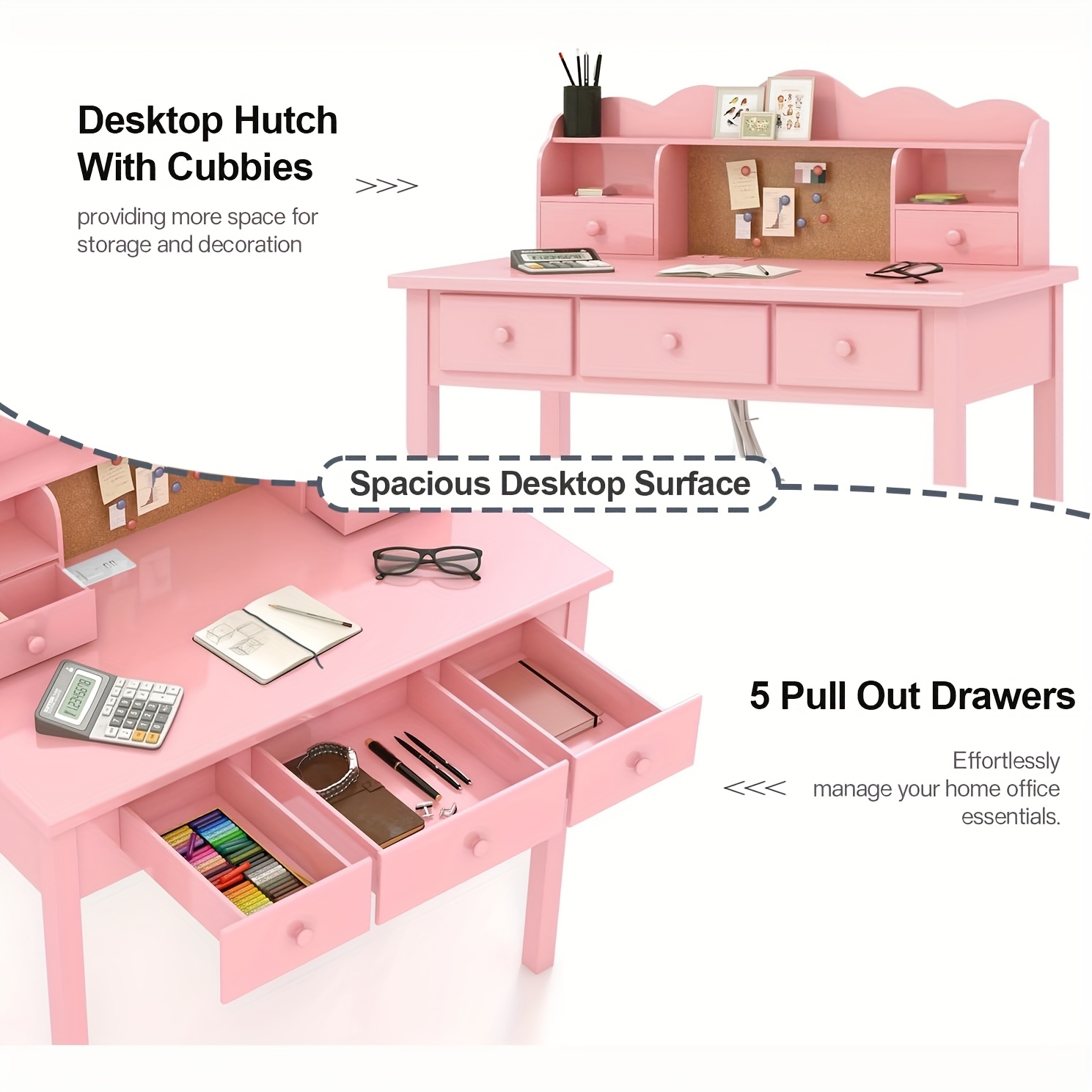Modern 40-Inch Pink Writing Desk Featuring a Hutch And Five Drawers, Ideal for a for home Office Or As a Compact Vanity in The Bedroom