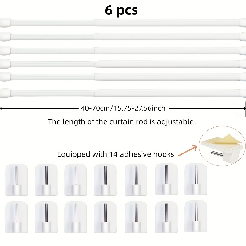 Image of 6pcs (40-70cm)extendable Metal Curtain Rod No Drilling Adjustable Curtain Rod No Drilling For Home And Adhesive Curtain Hooks, White & Black