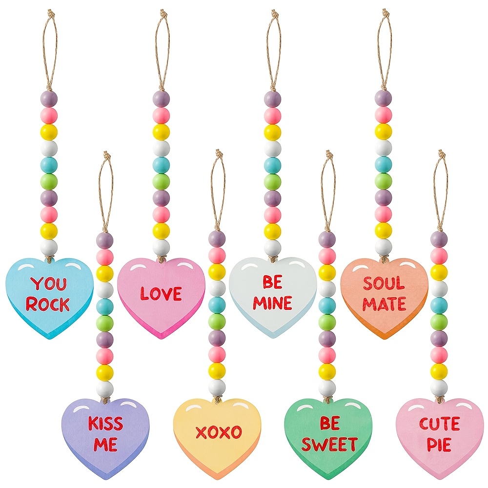 

8pcs Valentine's Day Wooden Bead Conversation Heart Garland Wood Hanging Ornament Double-sided Romantic Heart Pendant Hang Decor With Rope For Happy Valentine Wall Decor