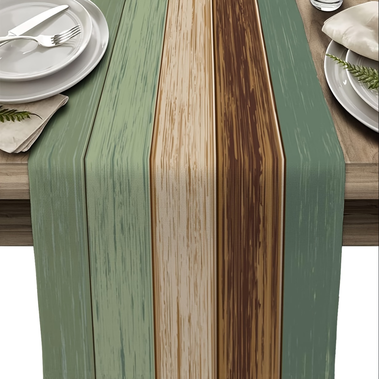 

Vintage Wood Grain Table Runner - Non-slip, Striped Polyester In Grey Green & Brown For Kitchen, Home Dining, And Outdoor Parties